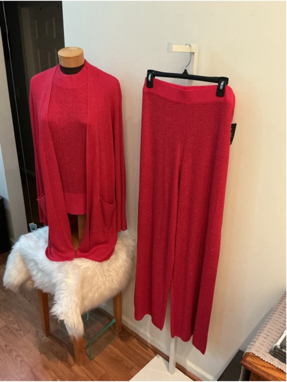 Boston Proper Rhinestone Lurex 3-Piece Lounge Set XL Cardigan Top Pants Shimmer